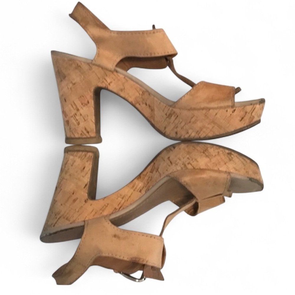 Franco Sarto Leather/Cork Fat Heels Platforms Tan Leather Silver Hardware Buckle
